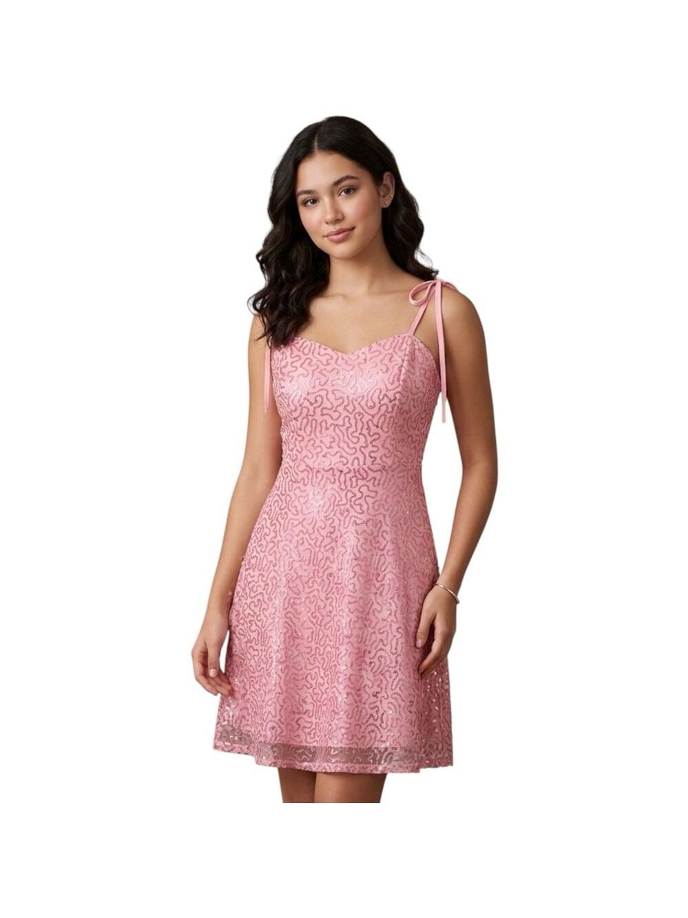 AWIBMK Pink Sequin Lace-Up Back Fit & Flare Mini Dress M NWT Prom Formal